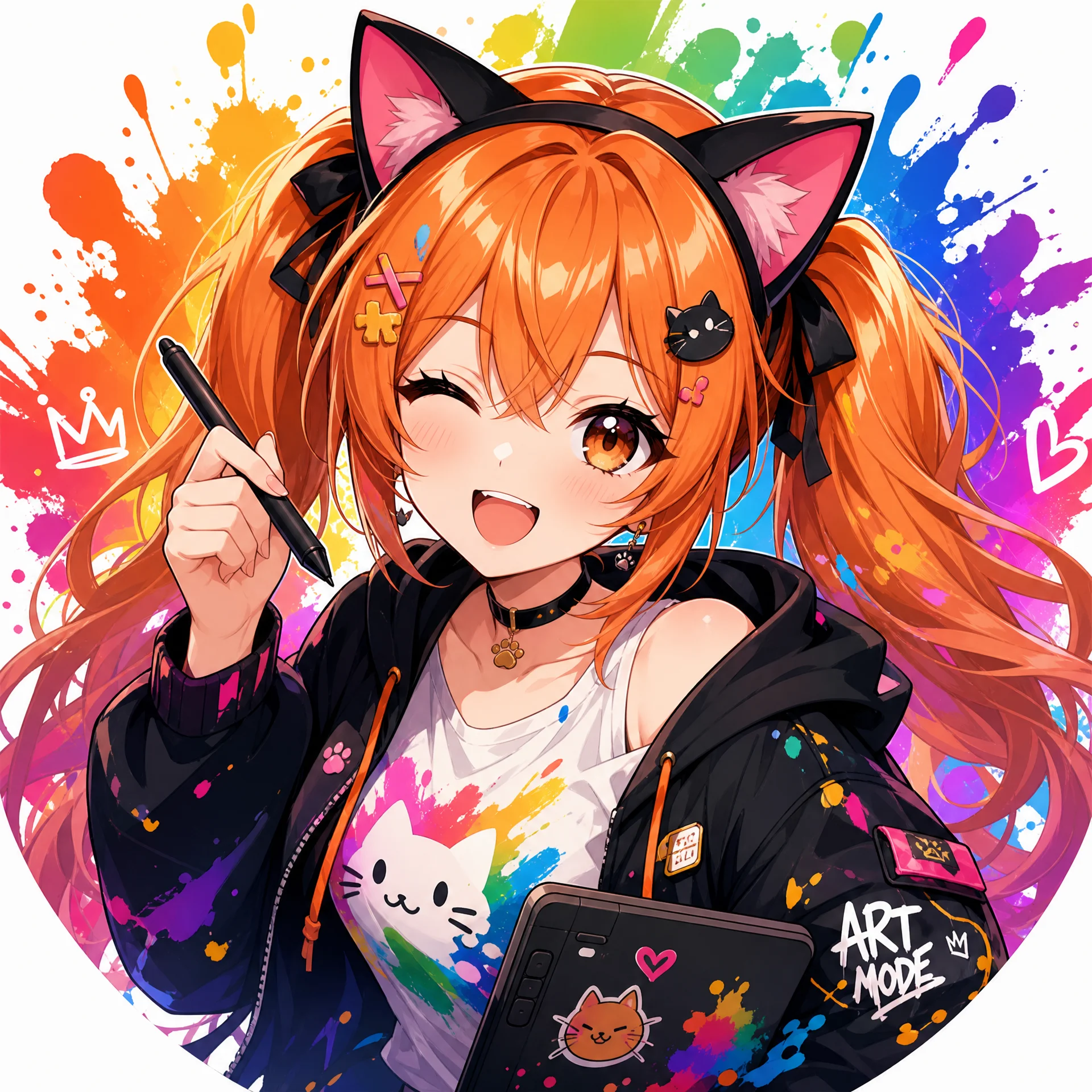 画师橘猫绘头像 - 橙发猫耳活力少女